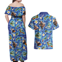 Hawaiian Island Shapes-Iconic Landscape Couples Matching Off Shoulder Maxi Dress and Hawaiian Shirt with Plumeria and Palaka Blue Color