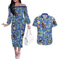 Hawaiian Island Shapes-Iconic Landscape Couples Matching Off The Shoulder Long Sleeve Dress and Hawaiian Shirt with Plumeria and Palaka Blue Color