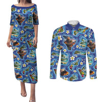 Hawaiian Island Shapes-Iconic Landscape Couples Matching Puletasi and Long Sleeve Button Shirt with Plumeria and Palaka Blue Color