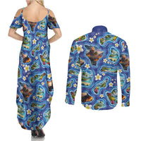 Hawaiian Island Shapes-Iconic Landscape Couples Matching Summer Maxi Dress and Long Sleeve Button Shirt with Plumeria and Palaka Blue Color