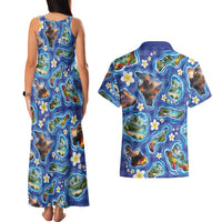 Hawaiian Island Shapes-Iconic Landscape Couples Matching Tank Maxi Dress and Hawaiian Shirt with Plumeria and Palaka Blue Color