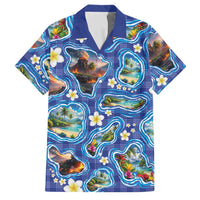 Hawaiian Island Shapes-Iconic Landscape Family Matching Off The Shoulder Long Sleeve Dress and Hawaiian Shirt with Plumeria and Palaka Blue Color