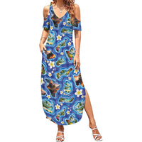 Hawaiian Island Shapes-Iconic Landscape Family Matching Summer Maxi Dress and Hawaiian Shirt with Plumeria and Palaka Blue Color