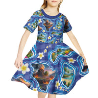 Hawaiian Island Shapes-Iconic Landscape Kid Short Sleeve Dress with Plumeria and Palaka Blue Color