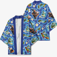 Hawaiian Island Shapes-Iconic Landscape Kimono with Plumeria and Palaka Blue Color LT03 - Polynesian Pride