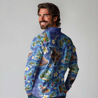 Hawaiian Island Shapes-Iconic Landscape Long Sleeve Polo Shirt with Plumeria and Palaka Blue Color