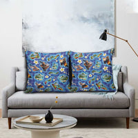 Hawaiian Island Shapes-Iconic Landscape Pillow Cover with Plumeria and Palaka Blue Color LT03 - Polynesian Pride