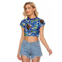 Hawaiian Island Shapes-Iconic Landscape Raglan Cropped T Shirt with Plumeria and Palaka Blue Color