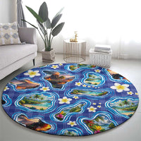 Hawaiian Island Shapes-Iconic Landscape Round Carpet with Plumeria and Palaka Blue Color LT03 - Polynesian Pride