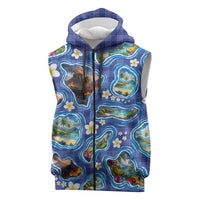 Hawaiian Island Shapes-Iconic Landscape Sleeveless Zip Hoodie with Plumeria and Palaka Blue Color