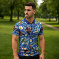 Hawaiian Island Shapes-Iconic Landscape Zipper Polo Shirt with Plumeria and Palaka Blue Color
