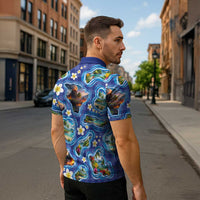 Hawaiian Island Shapes-Iconic Landscape Zipper Polo Shirt with Plumeria and Palaka Blue Color