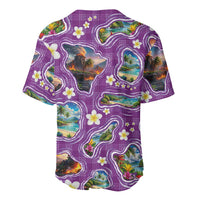 Hawaiian Island Shapes-Iconic Landscape Baseball Jersey with Plumeria and Palaka Purple Color