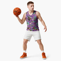 Hawaiian Island Shapes-Iconic Landscape Basketball Jersey with Plumeria and Palaka Purple Color