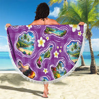 Hawaiian Island Shapes-Iconic Landscape Beach Blanket with Plumeria and Palaka Purple Color