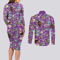 Hawaiian Island Shapes-Iconic Landscape Couples Matching Long Sleeve Bodycon Dress and Long Sleeve Button Shirt with Plumeria and Palaka Purple Color