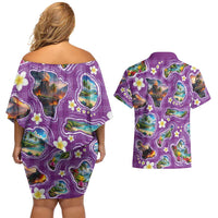 Hawaiian Island Shapes-Iconic Landscape Couples Matching Off Shoulder Short Dress and Hawaiian Shirt with Plumeria and Palaka Purple Color