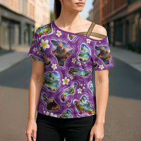 Hawaiian Island Shapes-Iconic Landscape Cross Shoulder Shirt with Plumeria and Palaka Purple Color