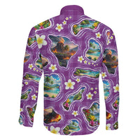Hawaiian Island Shapes-Iconic Landscape Family Matching Long Sleeve Bodycon Dress and Hawaiian Shirt with Plumeria and Palaka Purple Color