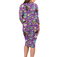 Hawaiian Island Shapes-Iconic Landscape Family Matching Long Sleeve Bodycon Dress and Hawaiian Shirt with Plumeria and Palaka Purple Color