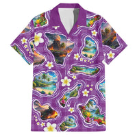 Hawaiian Island Shapes-Iconic Landscape Family Matching Off The Shoulder Long Sleeve Dress and Hawaiian Shirt with Plumeria and Palaka Purple Color