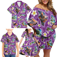 Hawaiian Island Shapes-Iconic Landscape Family Matching Off Shoulder Short Dress and Hawaiian Shirt with Plumeria and Palaka Purple Color