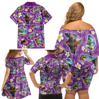 Hawaiian Island Shapes-Iconic Landscape Family Matching Off Shoulder Short Dress and Hawaiian Shirt with Plumeria and Palaka Purple Color