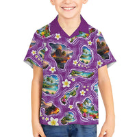 Hawaiian Island Shapes-Iconic Landscape Kid Hawaiian Shirt with Plumeria and Palaka Purple Color