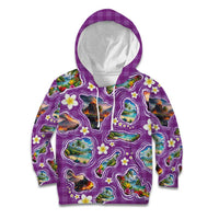 Hawaiian Island Shapes-Iconic Landscape Kid Hoodie with Plumeria and Palaka Purple Color