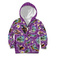 Hawaiian Island Shapes-Iconic Landscape Kid Hoodie with Plumeria and Palaka Purple Color