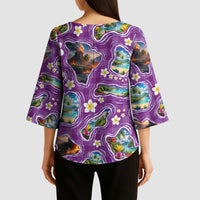 Hawaiian Island Shapes-Iconic Landscape Kimono Sleeve Blouse with Plumeria and Palaka Purple Color