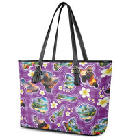 Hawaiian Island Shapes-Iconic Landscape Leather Tote Bag with Plumeria and Palaka Purple Color