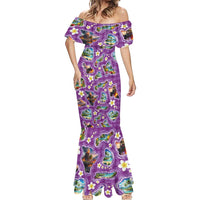 Hawaiian Island Shapes-Iconic Landscape Mermaid Dress with Plumeria and Palaka Purple Color