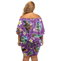 Hawaiian Island Shapes-Iconic Landscape Off Shoulder Short Dress with Plumeria and Palaka Purple Color