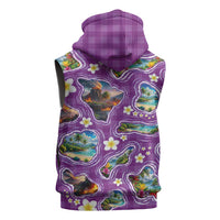 Hawaiian Island Shapes-Iconic Landscape Sleeveless Hoodie with Plumeria and Palaka Purple Color
