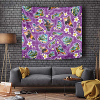 Hawaiian Island Shapes-Iconic Landscape Tapestry with Plumeria and Palaka Purple Color