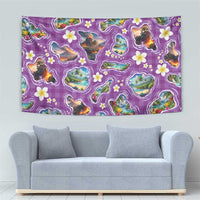 Hawaiian Island Shapes-Iconic Landscape Tapestry with Plumeria and Palaka Purple Color