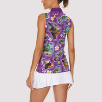 Hawaiian Island Shapes-Iconic Landscape Women Sleeveless Polo Shirt with Plumeria and Palaka Purple Color