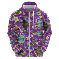 Hawaiian Island Shapes-Iconic Landscape Zip Hoodie with Plumeria and Palaka Purple Color