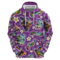Hawaiian Island Shapes-Iconic Landscape Zip Hoodie with Plumeria and Palaka Purple Color