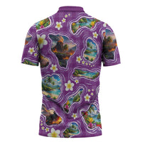 Hawaiian Island Shapes-Iconic Landscape Zipper Polo Shirt with Plumeria and Palaka Purple Color