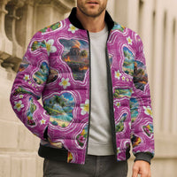 Hawaiian Island Shapes-Iconic Landscape Bomber Puffer Jacket with Plumeria and Palaka Pink Color LT03 - Polynesian Pride