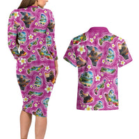 Hawaiian Island Shapes-Iconic Landscape Couples Matching Long Sleeve Bodycon Dress and Hawaiian Shirt with Plumeria and Palaka Pink Color