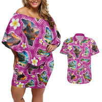 Hawaiian Island Shapes-Iconic Landscape Couples Matching Off Shoulder Short Dress and Hawaiian Shirt with Plumeria and Palaka Pink Color