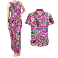 Hawaiian Island Shapes-Iconic Landscape Couples Matching Tank Maxi Dress and Hawaiian Shirt with Plumeria and Palaka Pink Color