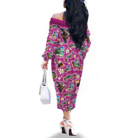 Hawaiian Island Shapes-Iconic Landscape Family Matching Off The Shoulder Long Sleeve Dress and Hawaiian Shirt with Plumeria and Palaka Pink Color
