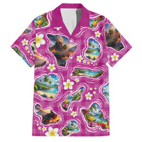 Hawaiian Island Shapes-Iconic Landscape Family Matching Off Shoulder Maxi Dress and Hawaiian Shirt with Plumeria and Palaka Pink Color