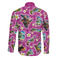 Hawaiian Island Shapes-Iconic Landscape Family Matching Off Shoulder Maxi Dress and Hawaiian Shirt with Plumeria and Palaka Pink Color
