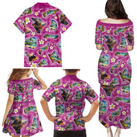 Hawaiian Island Shapes-Iconic Landscape Family Matching Puletasi and Hawaiian Shirt with Plumeria and Palaka Pink Color