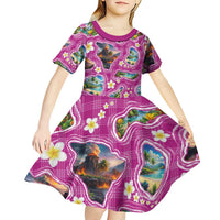 Hawaiian Island Shapes-Iconic Landscape Kid Short Sleeve Dress with Plumeria and Palaka Pink Color